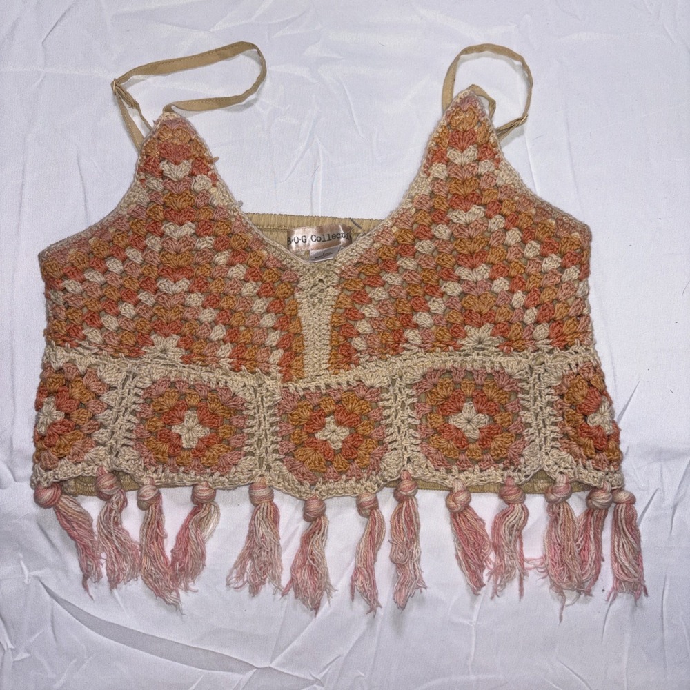 Crochet Fringe Crop Top - Boho Granny Square Festival Knit B-O-G Colllection L - Picture 3 of 5